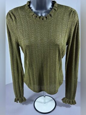 DÔEN Metallic Pointelle Ruffle Sweater Spanish Moss Olive Size Medium